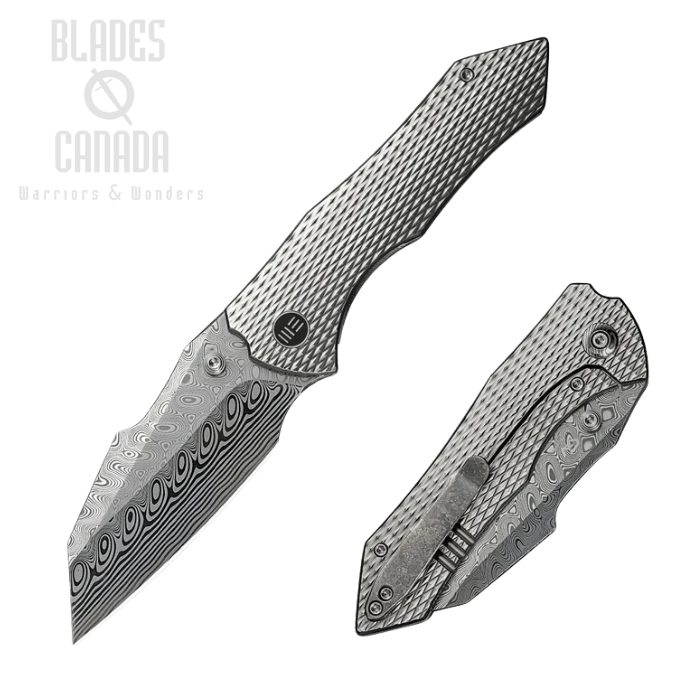 WE Knife High-Fin XL Framelock Folding Knife, Damasteel Hakkapella, Titanium Diamond Pattern, WE24010-DS1