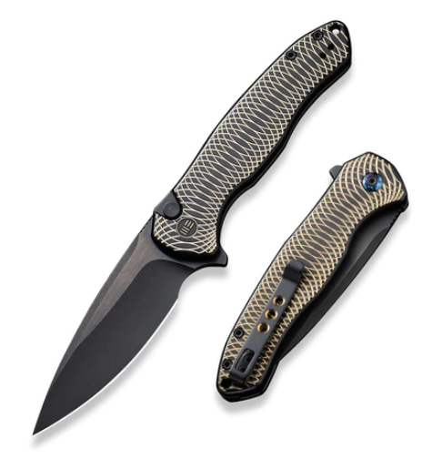 WE Knife Kitefin Flipper Button Lock Knife, Ltd Edition, CPM 20CV Black, Titanium Golden Ripple, WE19002M-1