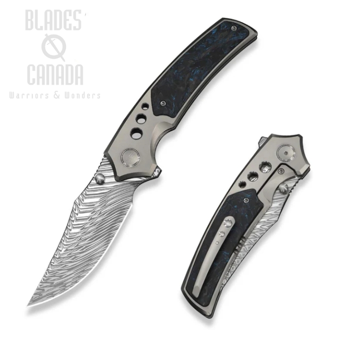 WE Knife Skynix Flipper Bolster Lock Folding Knife, Damasteel , Titanium Gray/Blue, WE24087-DS1 WE Knife Skynix Flipper Bolster Lock Folding Knife, Damasteel , Titanium Gray/Blue, WE24087-DS1