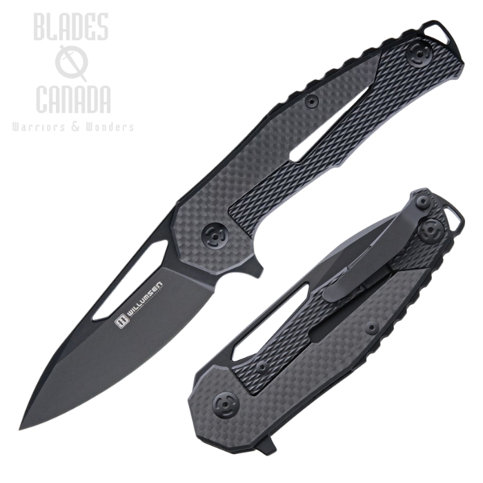 Willumsen Copenhagen Chibs Flipper Framelock Knife, D2 Black, Titanium Black/CF, WLM002B