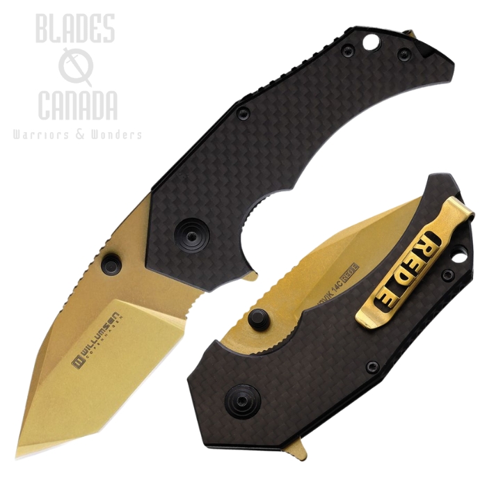 Willumsen Copenhagen Red E Flipper Folding Knife, 14C28N Gold Coated, Carbon Fiber, WLMRE22TGB