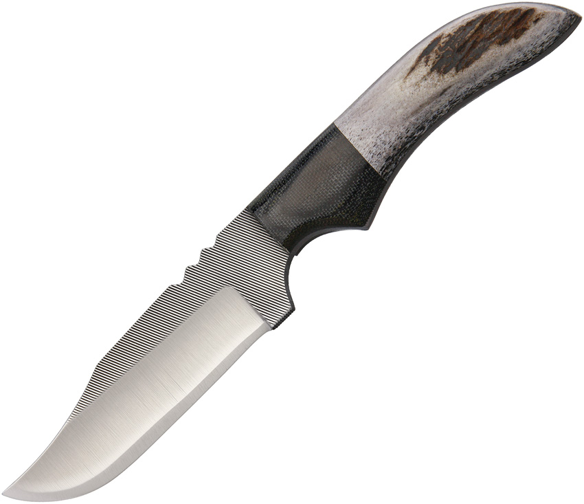 Anza Fixed Blade Knife, Carbon Steel, Elk/ Micarta Black, Leather Sheath, AZJWK2E