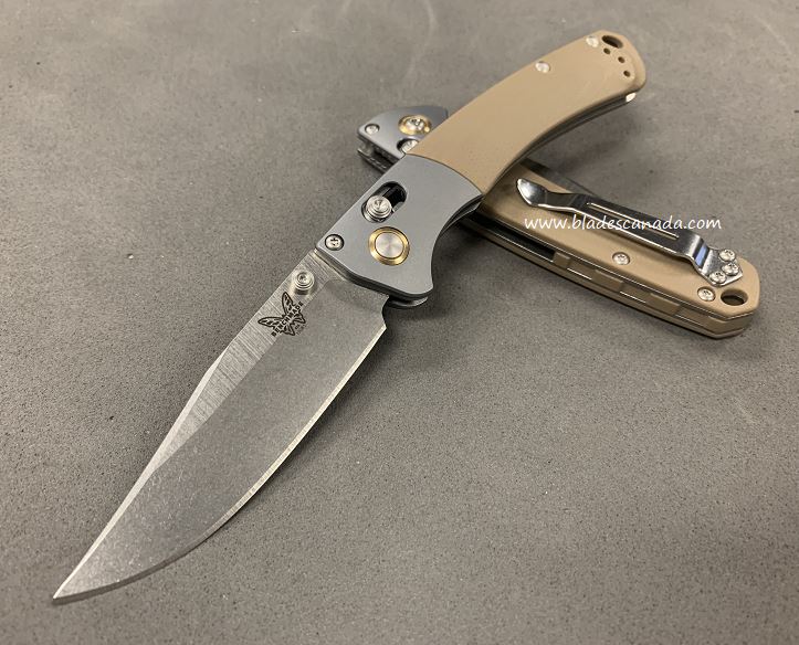 Benchmade Mini Crooked River Folding Knife, 20CV, G10 Tan, 15085CU17 - Click Image to Close