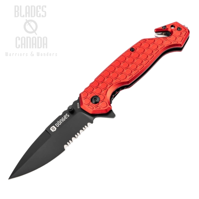 Donges Basic Fire Folding Knife, 440A Black Partially Serrated, Aluminum Red, 01DG001