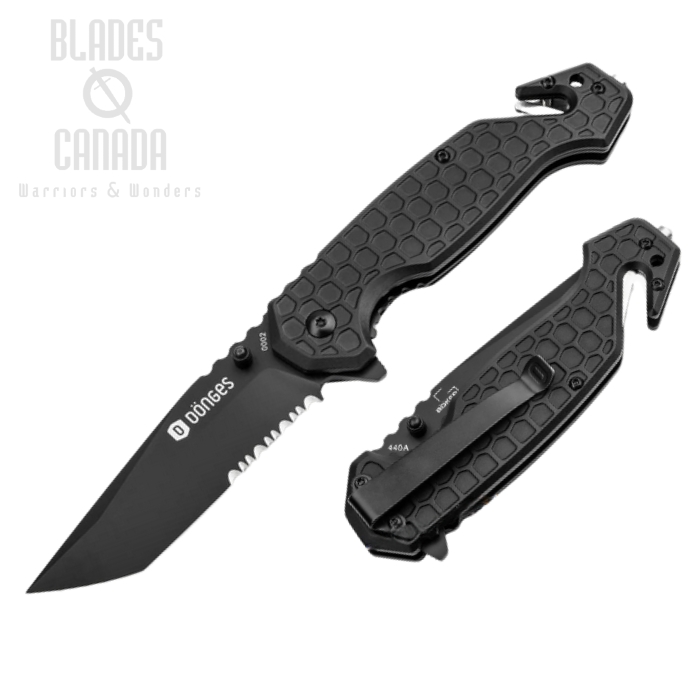 Donges Basic Tactical Flipper Folding Knife, 440A Black Partially Serrated, Aluminum Black, 01DG003