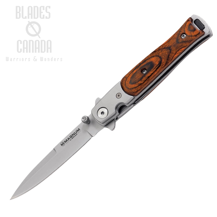 Boker Magnum Flipper Stiletto Folding Knife, 440, Wood Handle, 01YA101