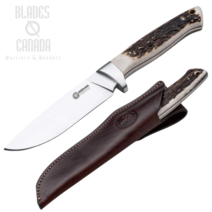 Boker Arbolito Hunter Fixed Blade Knife, N695, Stag Handle, Leather Sheath, 02BA351H