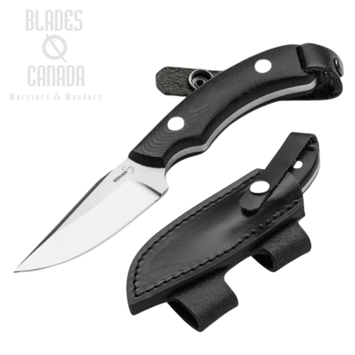 Boker Plus J-Bite Fixed Blade Knife, 440C, G10 Black, Leather Sheath, 02BO046