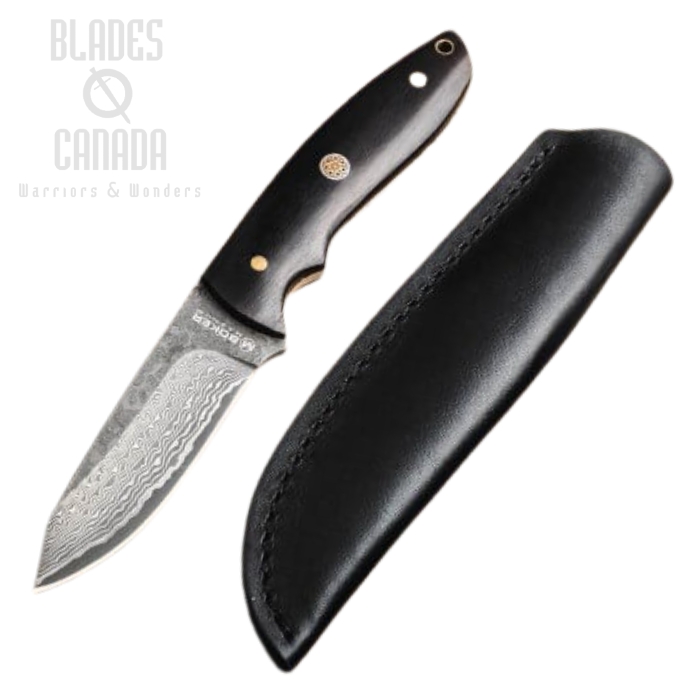 Boker Magnum Vernery Fixed Blade Knife, Damascus, Ebony, Leather Sheath, 02SC018DAM