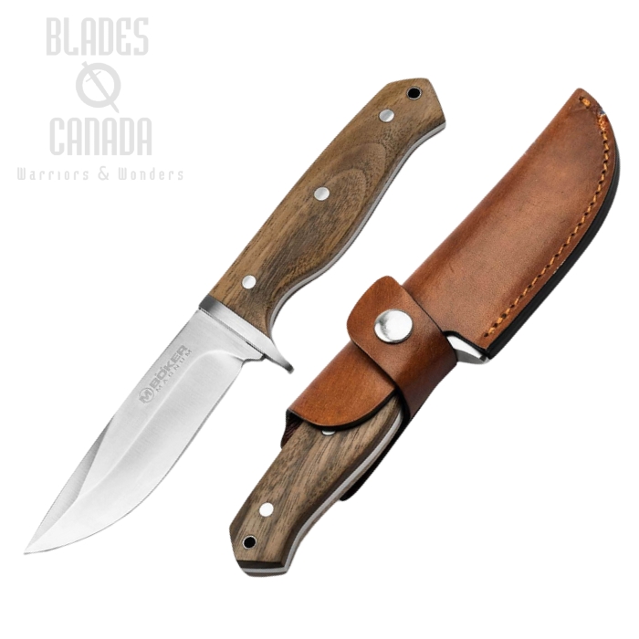 Boker Magnum Walnut Drop Fixed Blade Knife, Walnut Handle, Leather Sheath, 02SC338