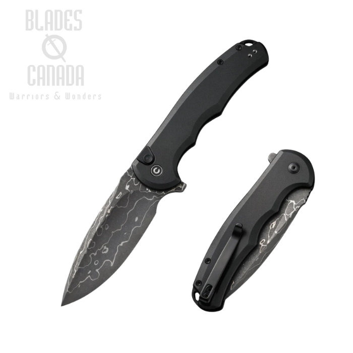 CIVIVI Praxis Flipper Button Lock Knife, Damascus, Aluminum Black, C18026E-DS1