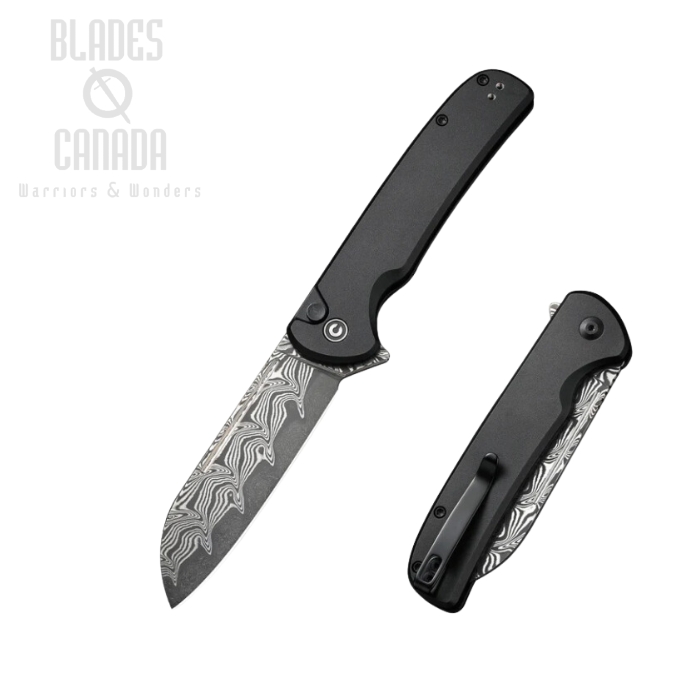 CIVIVI Chevalier II Flipper Button Lock Knife, Damascus, Aluminum Black, C20022B-DS1