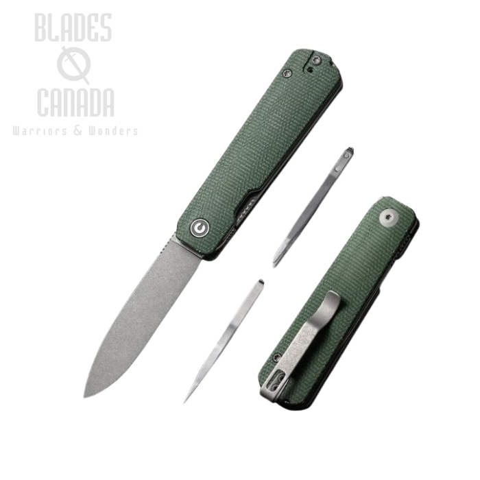 CIVIVI Sendy Flipper Folding Knife, Stonewash Nitro-V, Green Canvas Micarta, C21004A-1