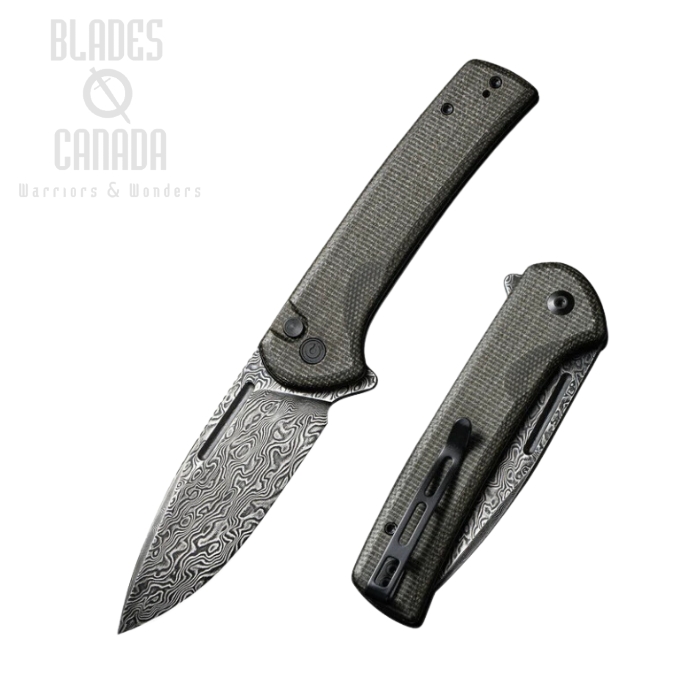 CIVIVI Conspirator Flipper Folding Button Lock Knife, Damascus Blade, Micarta Green, 21006-DS1