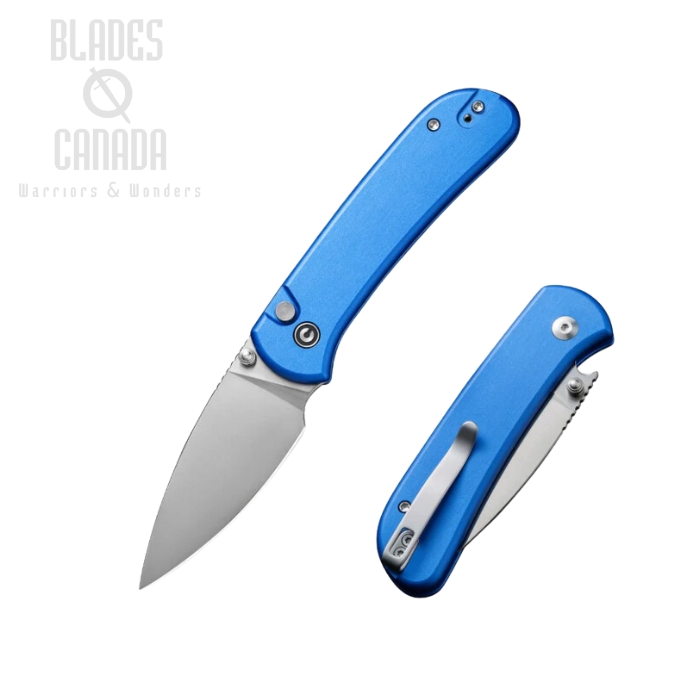 CIVIVI Qubit Button lock Folding Knife, 14C28N Satin, Aluminum Blue, C22030E-3