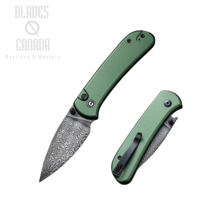 CIVIVI Qubit Button Lock Knife, Damascus, Aluminum Green, C22030E-DS1