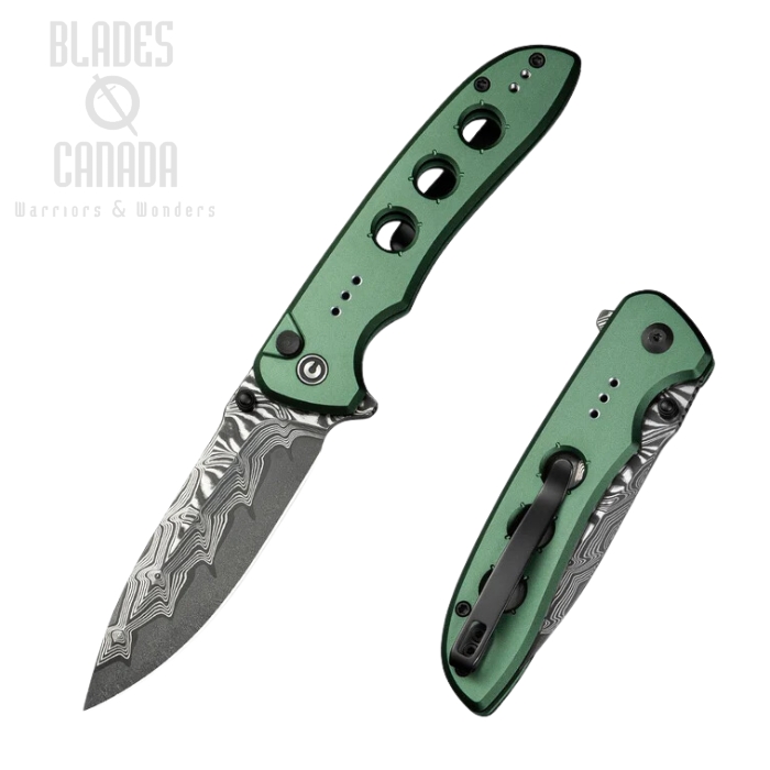 CIVIVI Hyperpulse Flipper Folding Knife, Damascus, Aluminum Green, C23087A-DS1