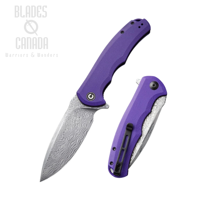 CIVIVI Praxis Flipper Folding Knife, Damascus, G10 Purple, 803DS-2