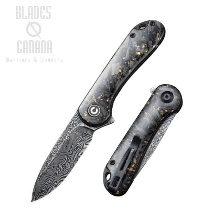 CIVIVI Elementum Flipper Folding Knife, Damascus, Shred Carbon Fiber w/Golden Flakes, 907C-DS1