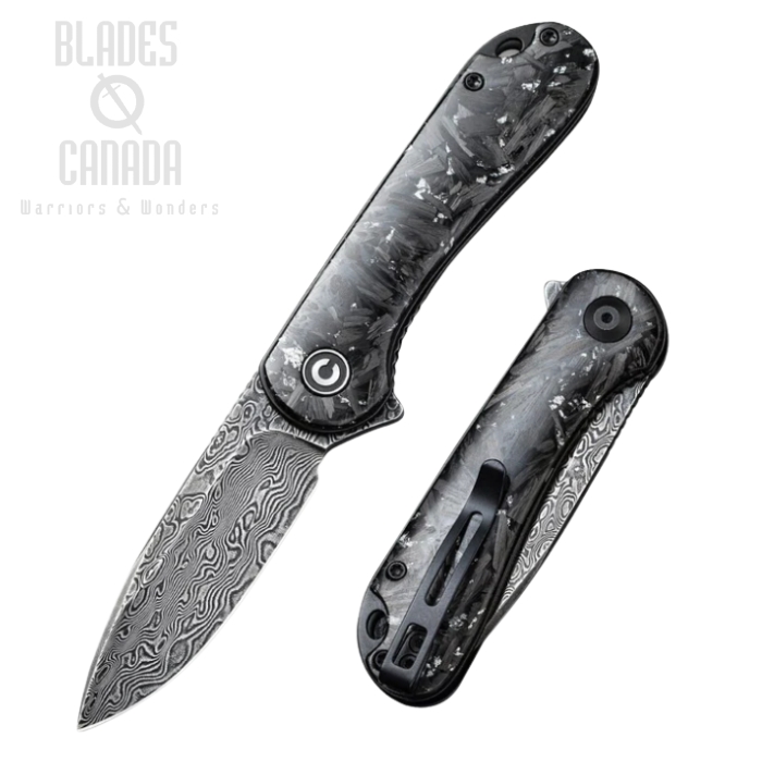 CIVIVI Elementum Flipper Folding Knife, Damascus, Shred Carbon Fiber w/Silvery Flakes, 907C-DS2