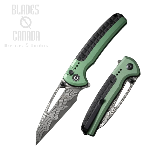 CIVIVI Sentinel Strike Flipper Button Lock Knife, Damascus, Aluminum Green/FRN, C22025B