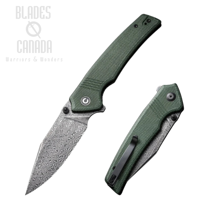 CIVIVI Tranquil Flipper Folding Knife, Damascus, Micarta Green, C23027-DS1