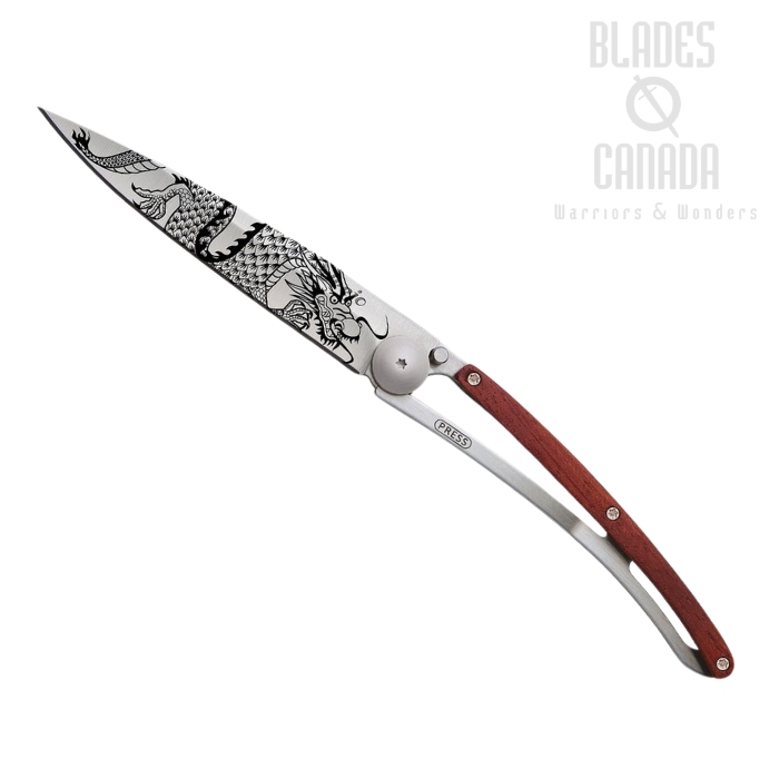 Deejo Tattoo 37g Chinese Dragon Folding Knife, Stainless, Coral Wood, DEE1CB076