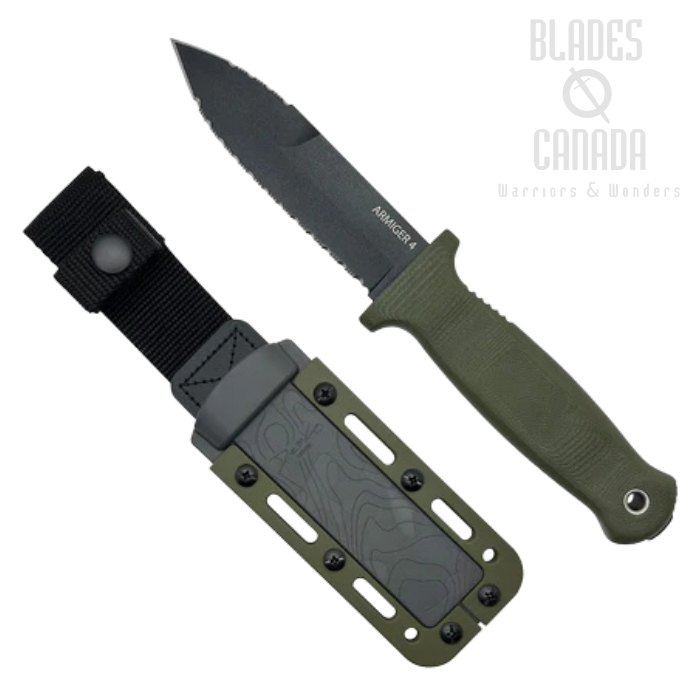 Demko Armiger 4 Fixed Blade Knife, 80CrV2 Black Spear Point Serrated, OD Green Handle, Kydex Sheath, 096568 Demko Armiger 4 Fixed Blade Knife, 80CrV2 Black Spear Point Serrated, OD Green Handle, Kydex Sheath, 096568