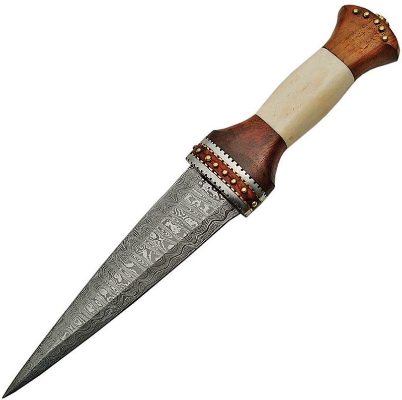 Damascus 1114 Fixed Blade Knife, Dirk, Bone/Wood Handle, DM1114