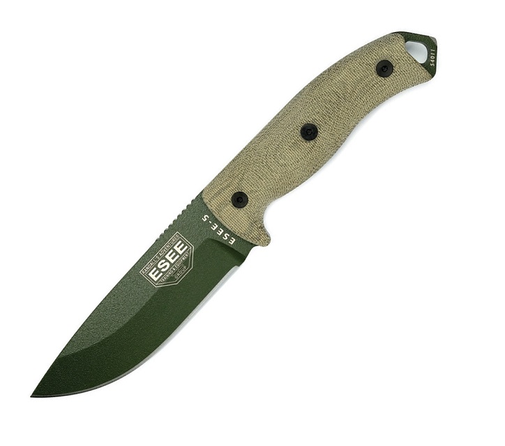 ESEE 5POD-017 Fixed Blade Knife, 1095 Carbon OD Green, 3D Canvas Micarta Green, Kydex Sheath - Click Image to Close