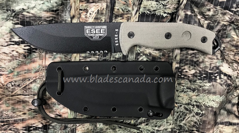 ESEE 5S-E Fixed Blade Knife, 1095 Carbon, Canvas Micarta, Glass Breaker, Kydex Sheath