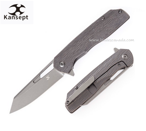 Kansept Shard Flipper Framelock Knife, CPM S35VN, Titanium Bronze Woodgrain, K1006-Verticle