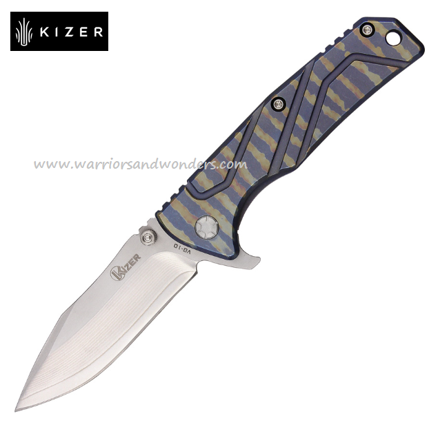 Kizer 302B Flipper Framelock Knife, Damascus/VG10, Titanium, 302B