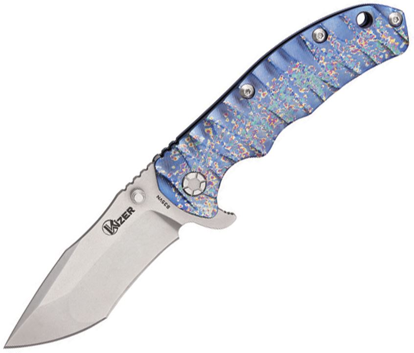 Kizer 401T Flipper FrameLock Knife, S35VN SW Tanto, Titanium Blue Spectrum Gloss, 401T