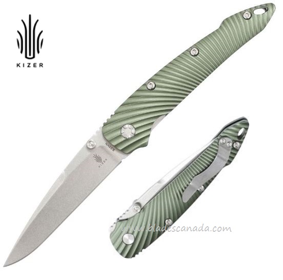 Kizer 4419A3 Folding Knife, S35VN Stonewash, Aluminum Green, 4419A3