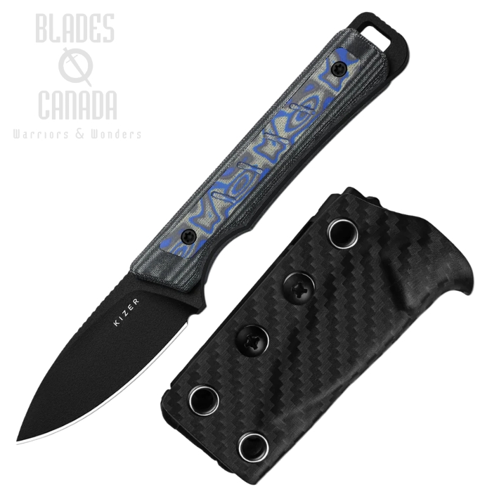 Kizer Whiskey Jack Fixed Blade Knife, 10V Black, Micarta Vortex Blue, Kydex Sheath, 1108A1 (image for) Kizer Whiskey Jack Fixed Blade Knife, 10V Black, Micarta Vortex Blue, Kydex Sheath, 1108A1