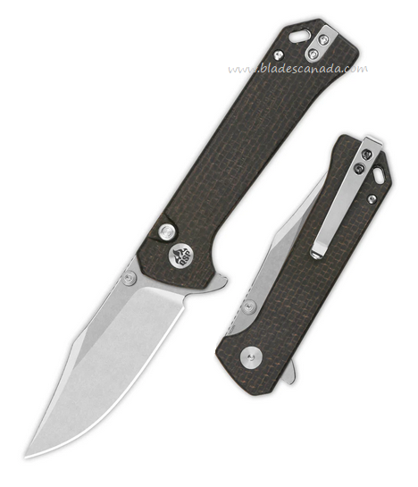 QSP Grebe Flipper Button Lock Knife, 14C28N SW, Micarta Dark Brown, QS147-A1