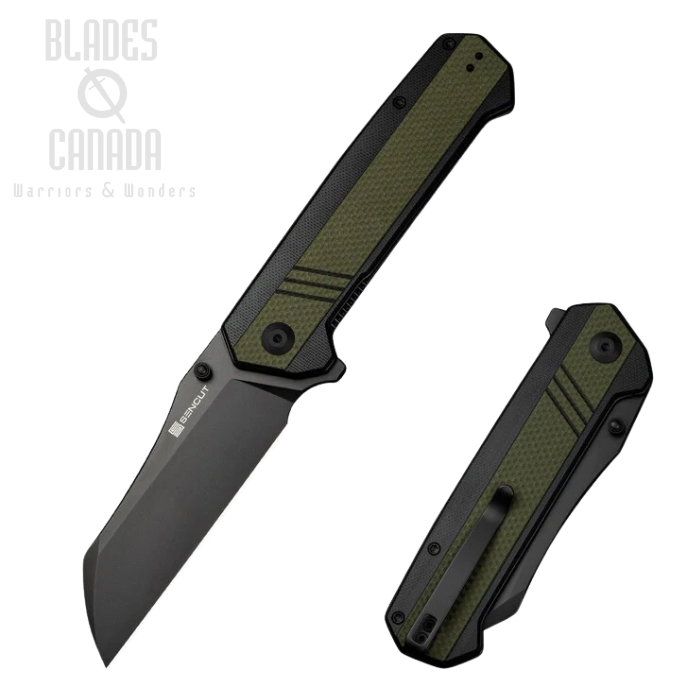 SENCUT Draxor Flipper Folding Knife, Black Blade, G10 Black & Green, S24035-2