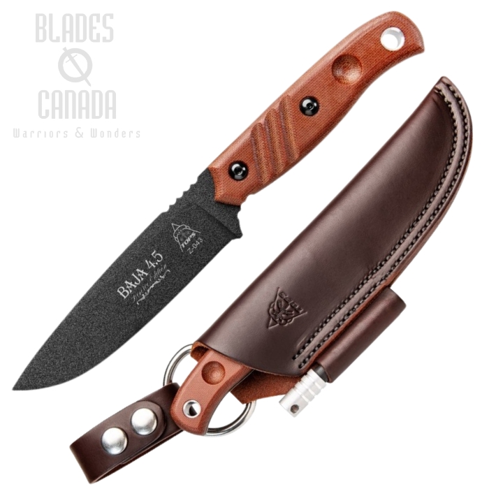 TOPS Baja 4.5 Knife, Reserve Edition, 1095 Carbon Black, Canvas Micarta, Leather Sheath, BAJA-4.5R TOPS Baja 4.5 Knife, Reserve Edition, 1095 Carbon Black, Canvas Micarta, Leather Sheath, BAJA-4.5R