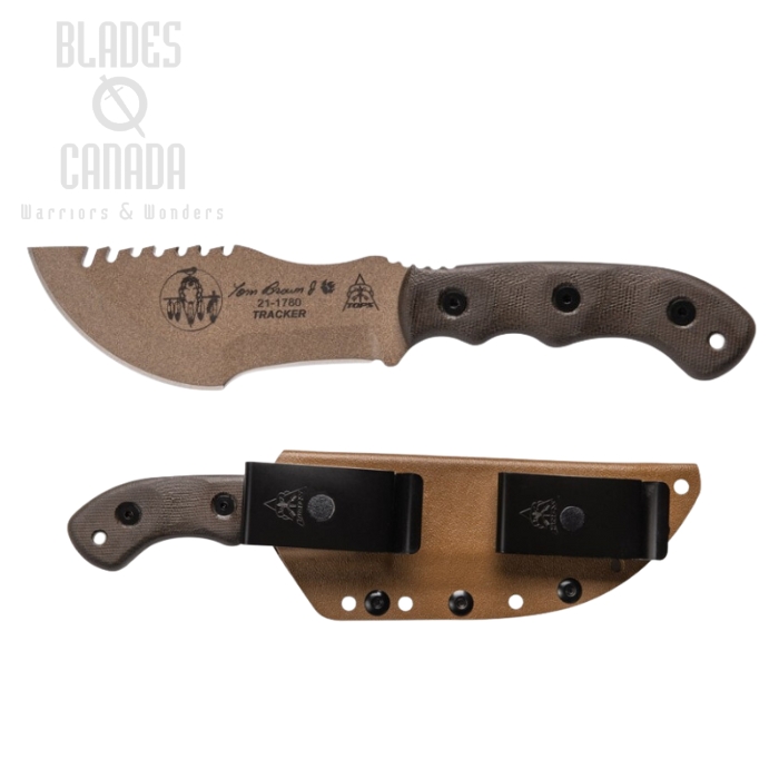 TOPS Tracker #2 Fixed Blade Knife, 1095 Coyote Tan, Micarta Green, Kydex Sheath, TBT02-TAN