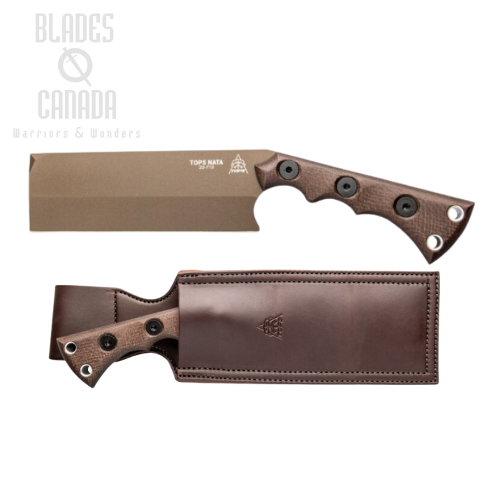 TOPS Nata Tool, 1095 Carbon Midnight Bronze, Micarta, Leather Sheath, TNAT-02