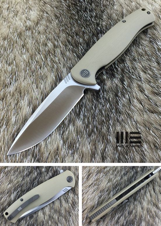 We Knife 703D Flipper Folding Knife, D2 Satin, G10 Tan, 703D