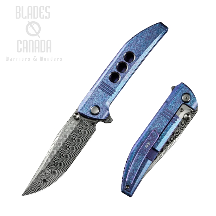 WE Knife Ezinta Framelock Flipper Knife, Damascus, Titanium Crystalized Blurple, WE22041-DS1