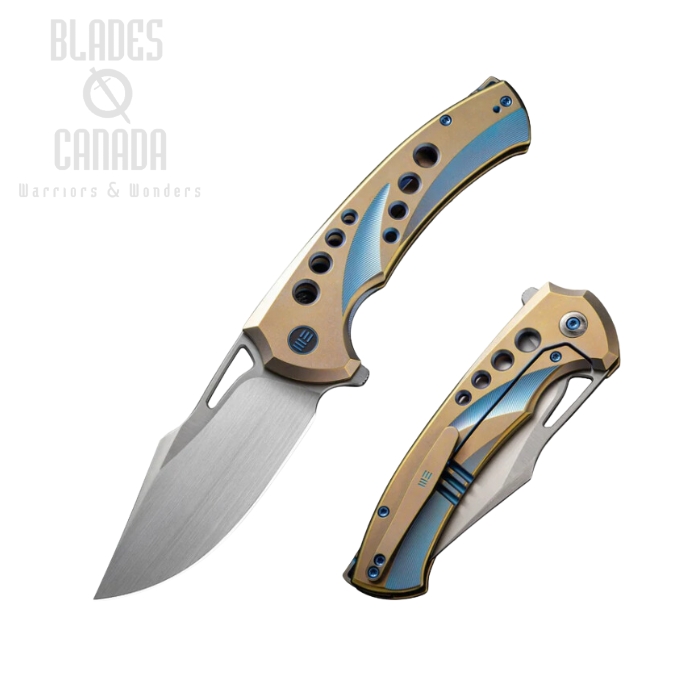 WE Knife Swiftfin Flipper Folding Knife, CPM 20CV Satin, Titanium Golden/Blue, WE23051-4