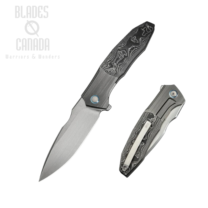 WE Knife Archeozoic Flipper Folding Knife, M390 Satin, Titanium/Aluminum Foil Carbon Fiber, WE23091-2