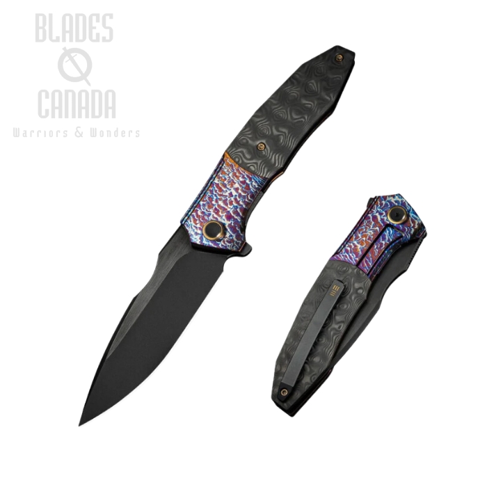 WE Knife Archeozoic Flipper Folding Knife, M390 Black, Titanium Flamed/Rose Carbon Fiber, WE23091-3