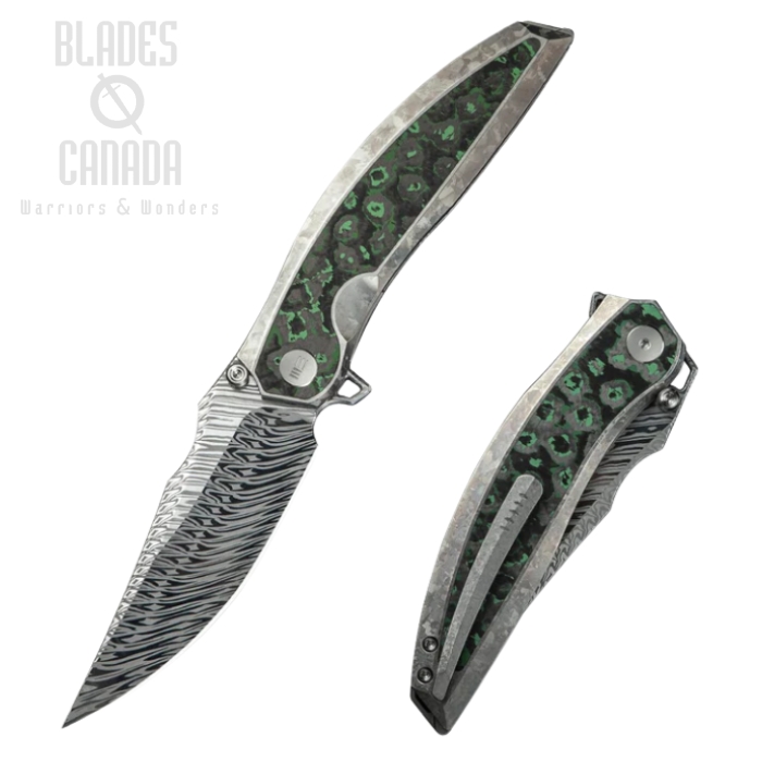 WE Knife Quinseris Flipper Folding Knife, Damasteel, Titanium & Jungle Wear Fat Carbon Fiber, WE23093-DS1